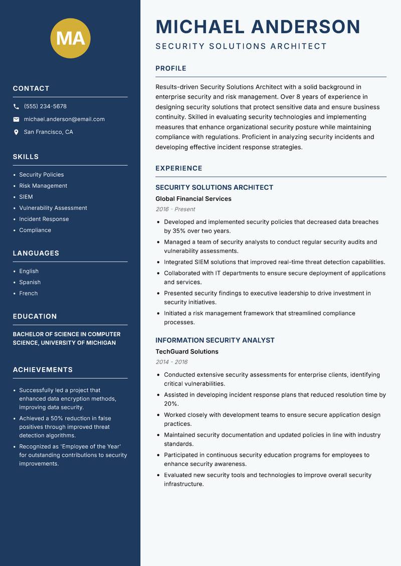Security Solutions Architect Resume Preview Example