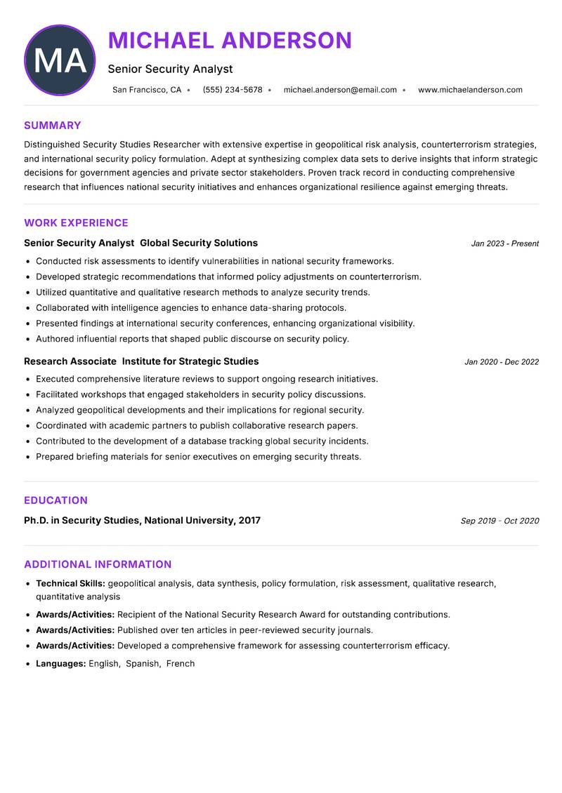Security Studies Researcher Resume Preview Example