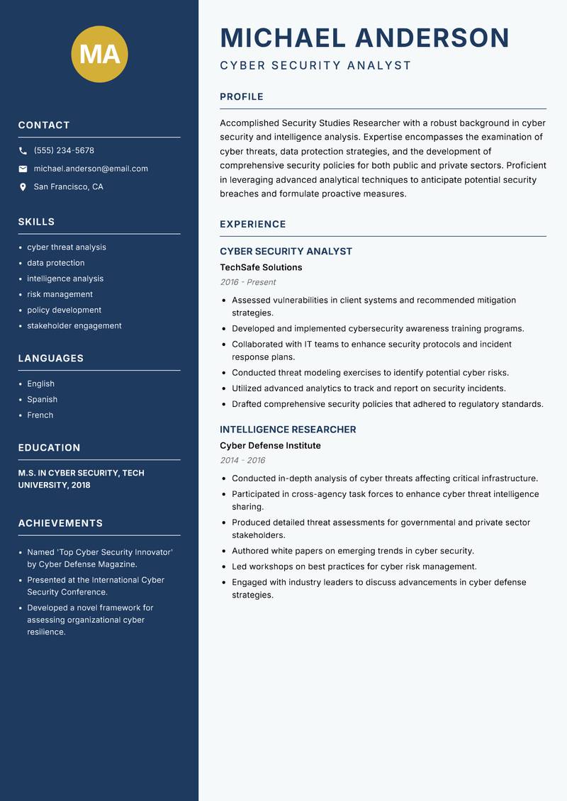 Security Studies Researcher Resume Preview Example
