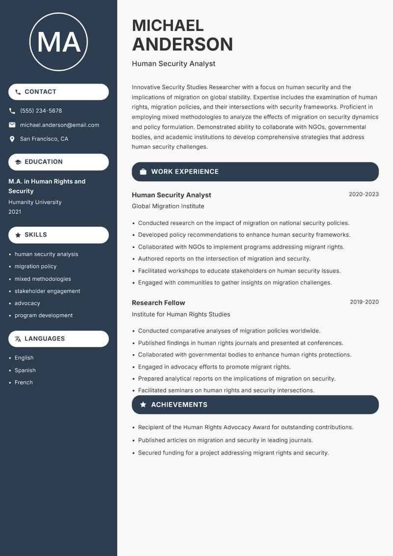 Security Studies Researcher Resume Preview Example