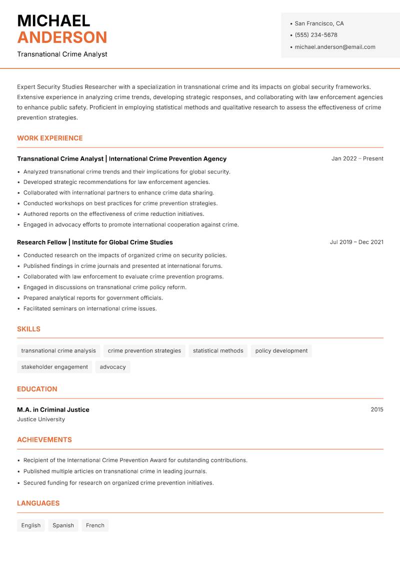 Security Studies Researcher Resume Template
