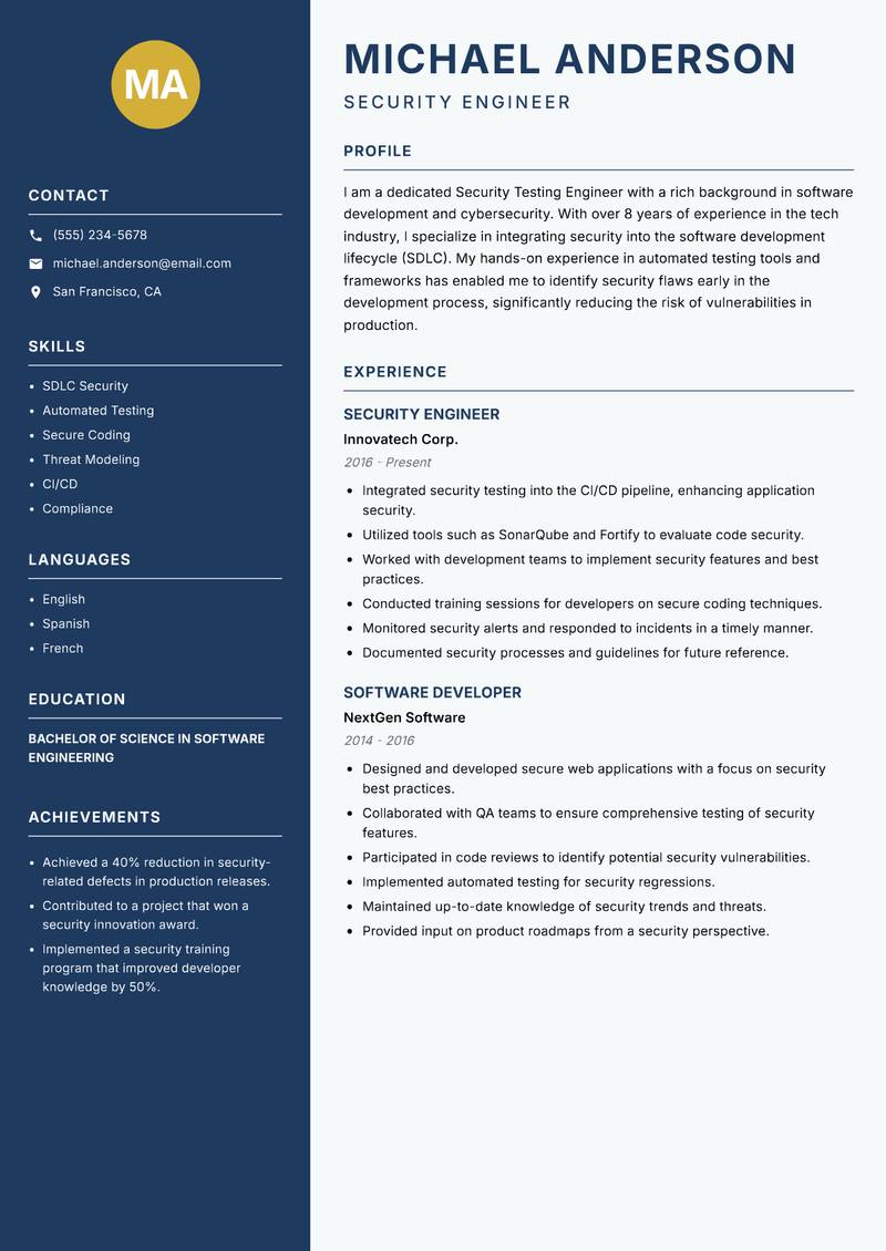 Security Testing Engineer Resume Preview Example