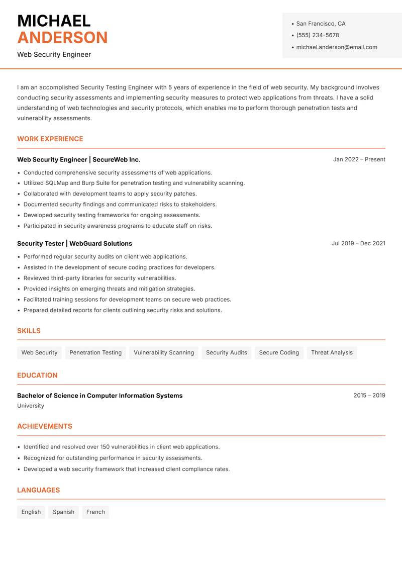 Security Testing Engineer Resume Template