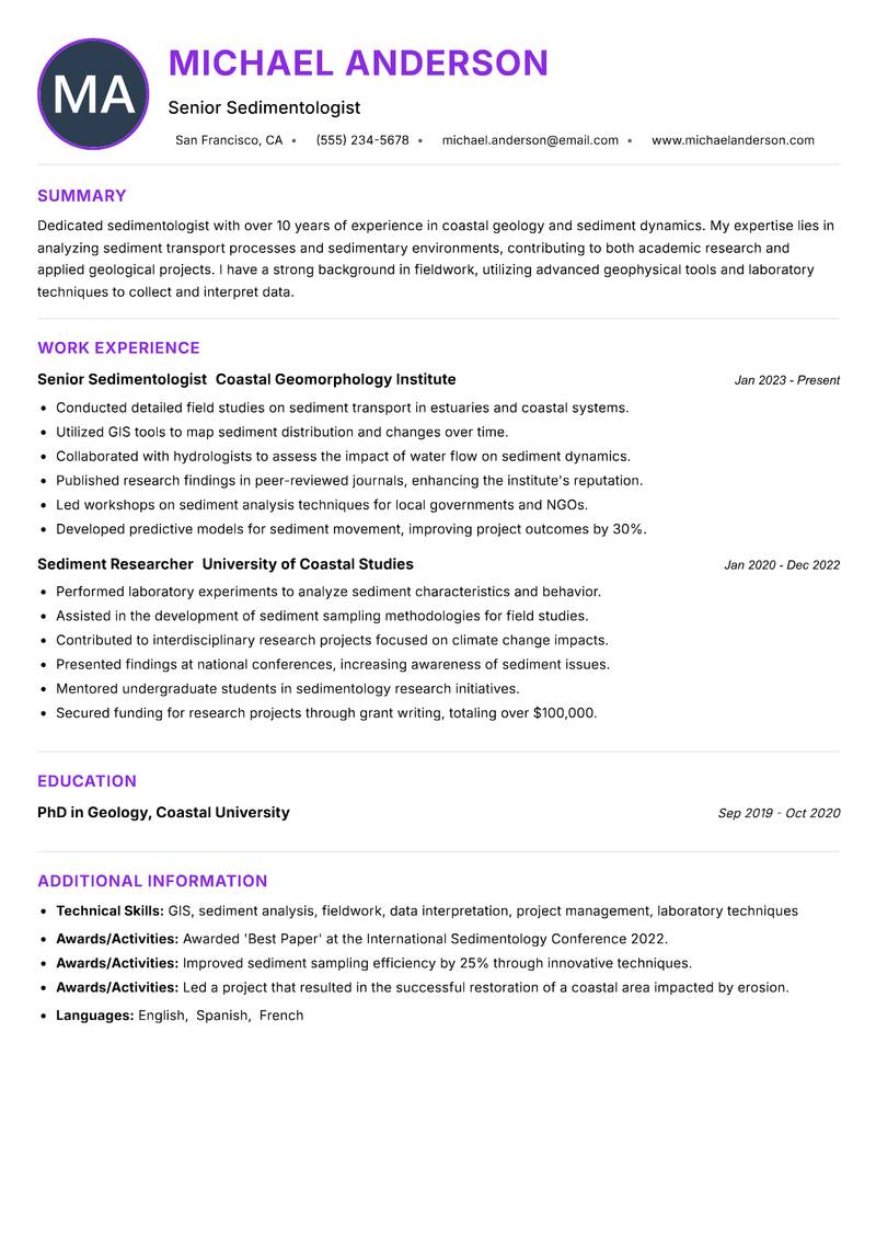 Sedimentologist Resume Preview Example