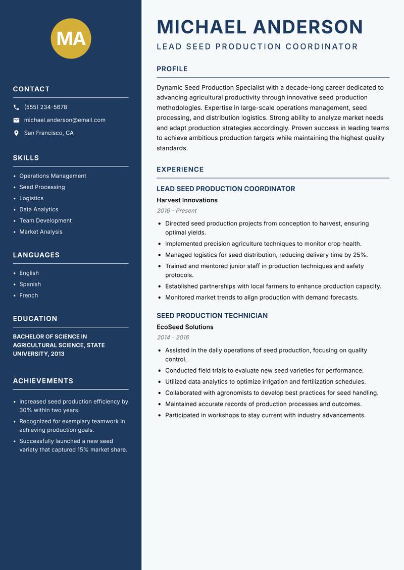 Seed Production Specialist Resume Preview Example