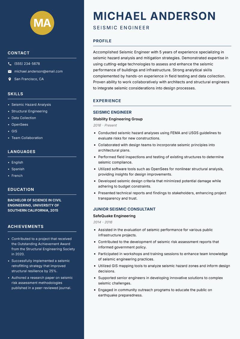 Seismic Engineer Resume Preview Example