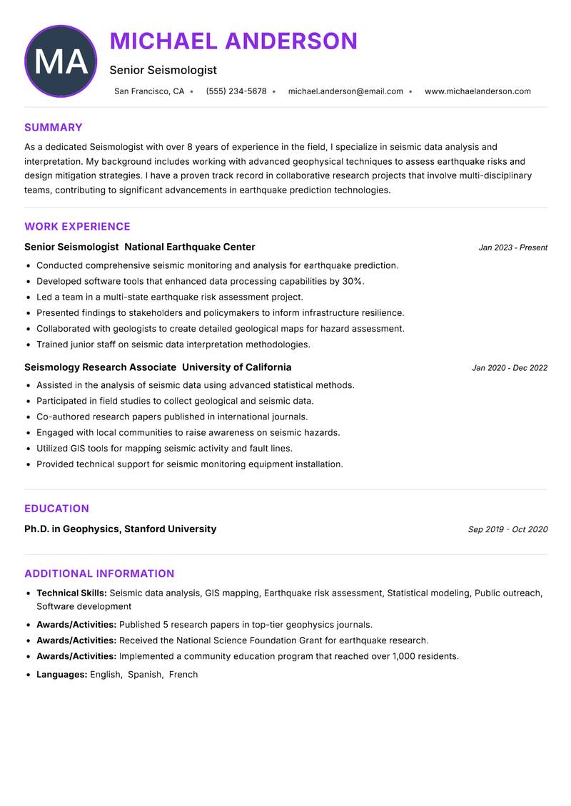 Seismologist Resume Preview Example