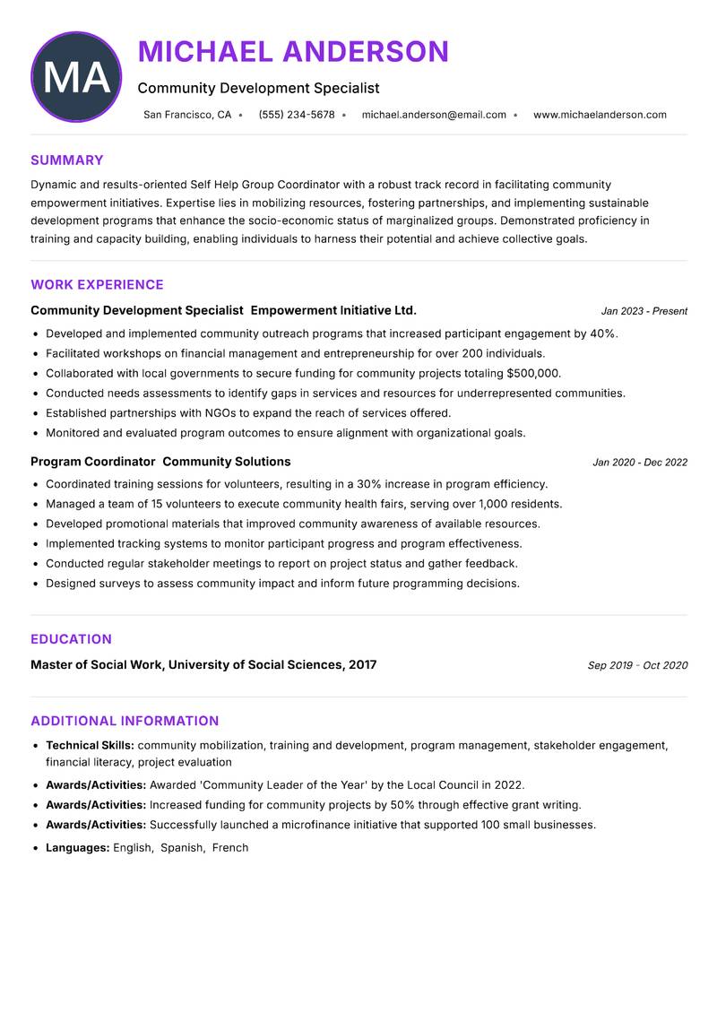 Self Help Group Coordinator Resume Preview Example
