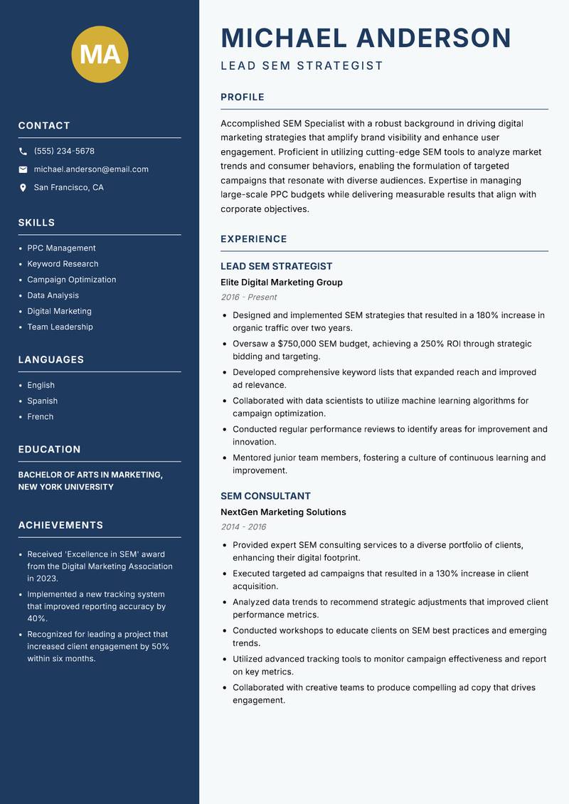 SEM Specialist Resume Preview Example