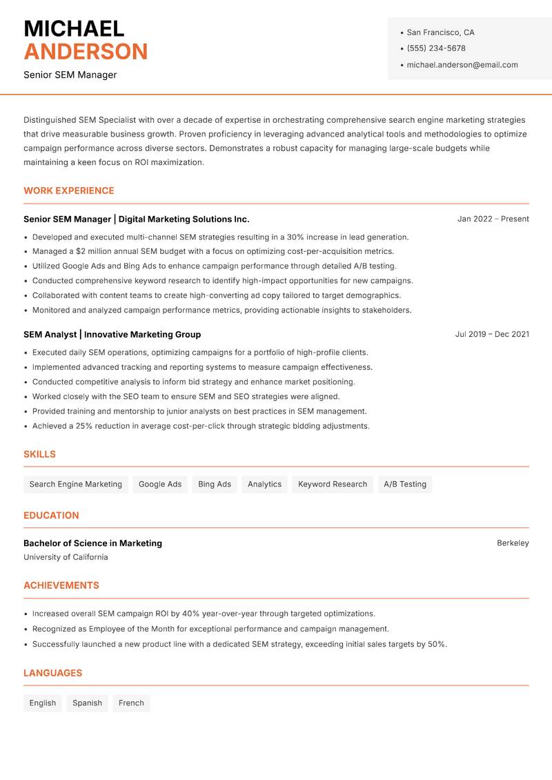 SEM Specialist Resume Template