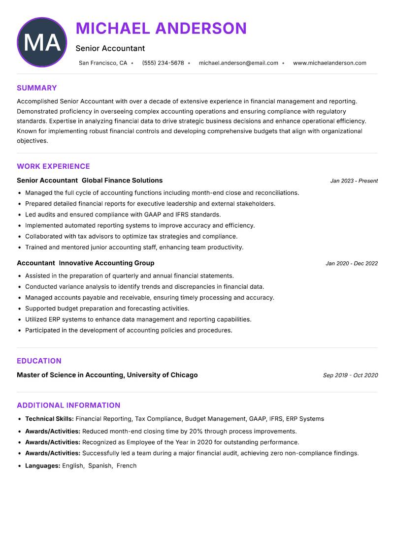 Senior Accountant Resume Preview Example