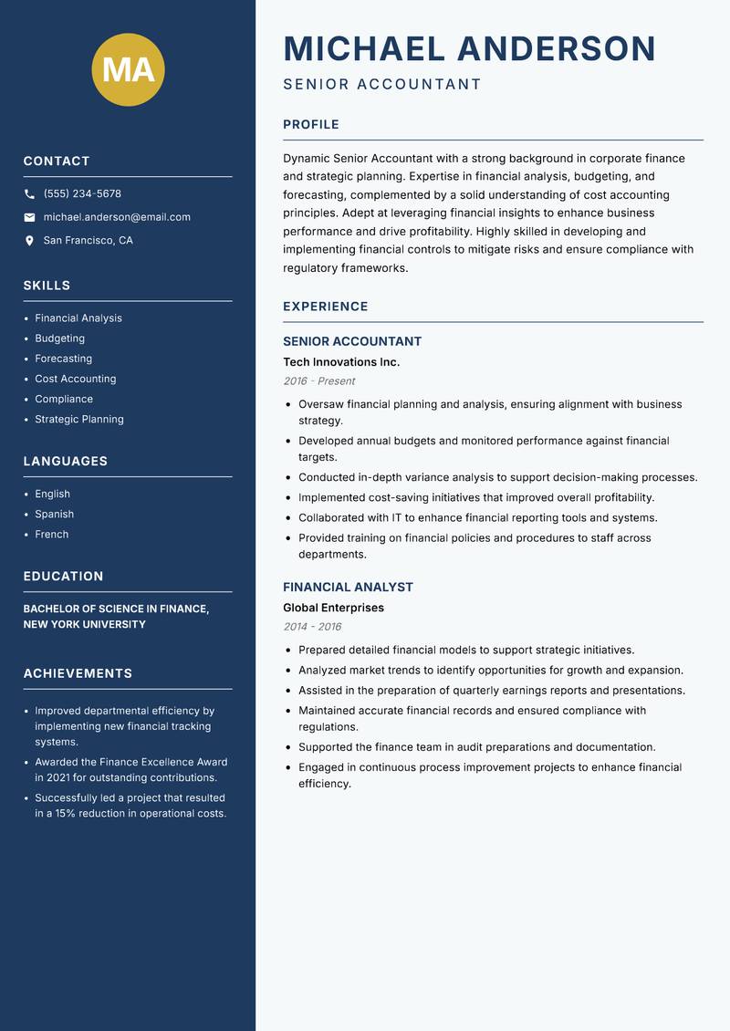 Senior Accountant Resume Preview Example