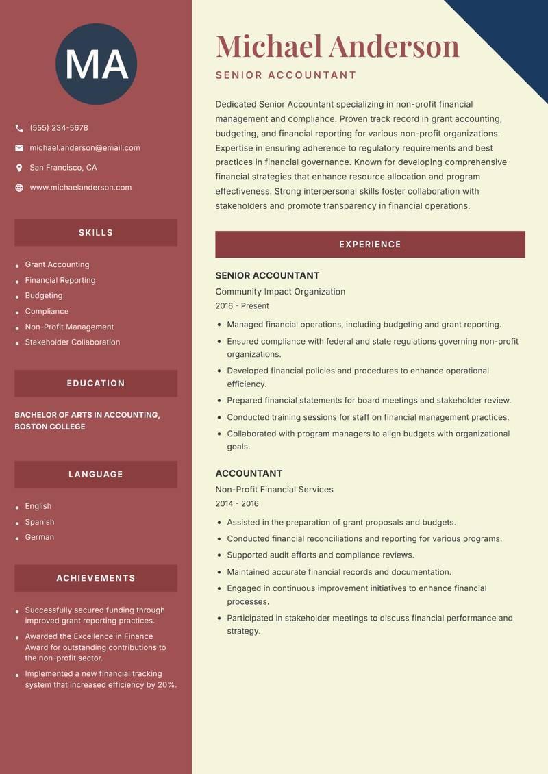Senior Accountant Resume Preview Example
