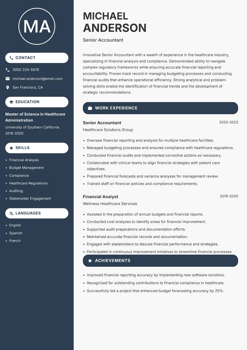 Senior Accountant Resume Preview Example