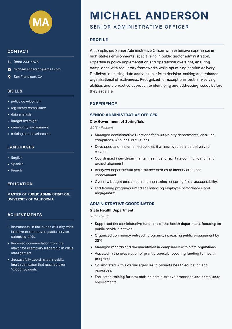 Senior Administrative Officer Resume Preview Example