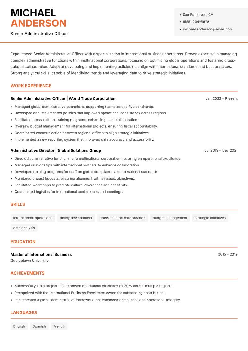 Senior Administrative Officer Resume Template