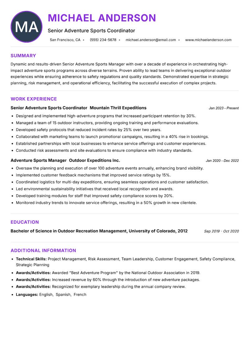Senior Adventure Sports Manager Resume Preview Example