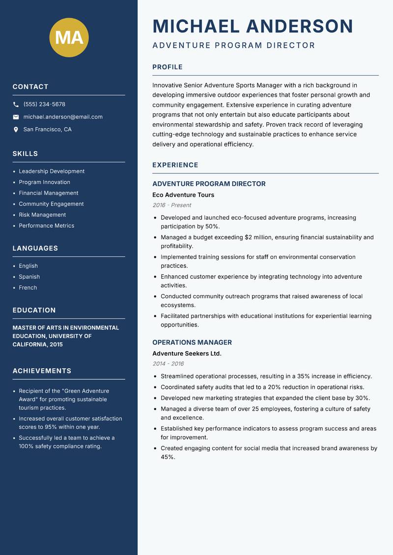 Senior Adventure Sports Manager Resume Preview Example