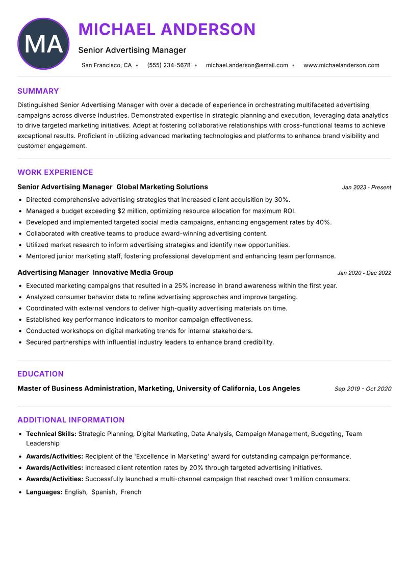 Senior Advertising Manager Resume Preview Example