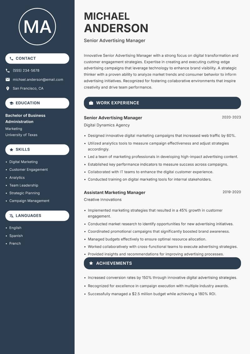 Senior Advertising Manager Resume Preview Example