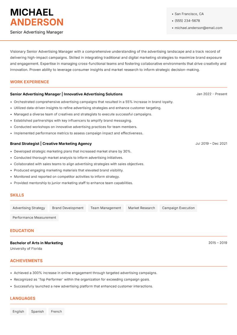 Senior Advertising Manager Resume Template
