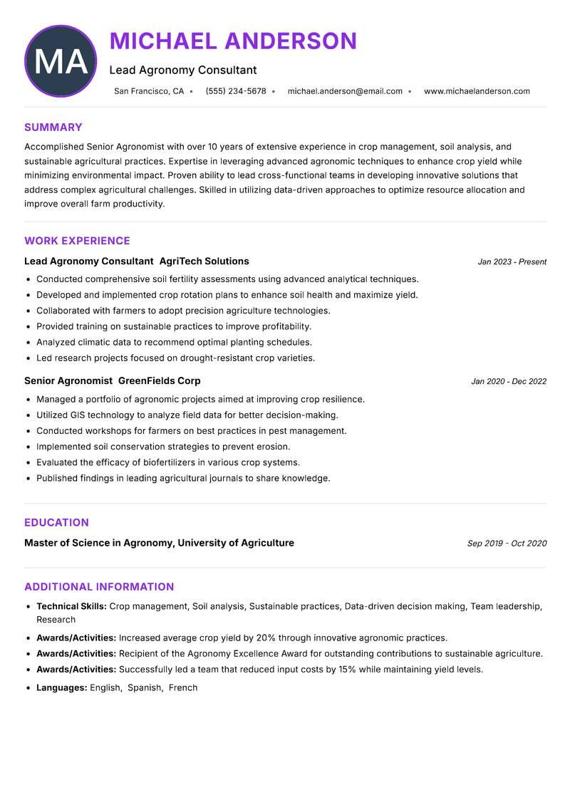 Senior Agronomist Resume Preview Example