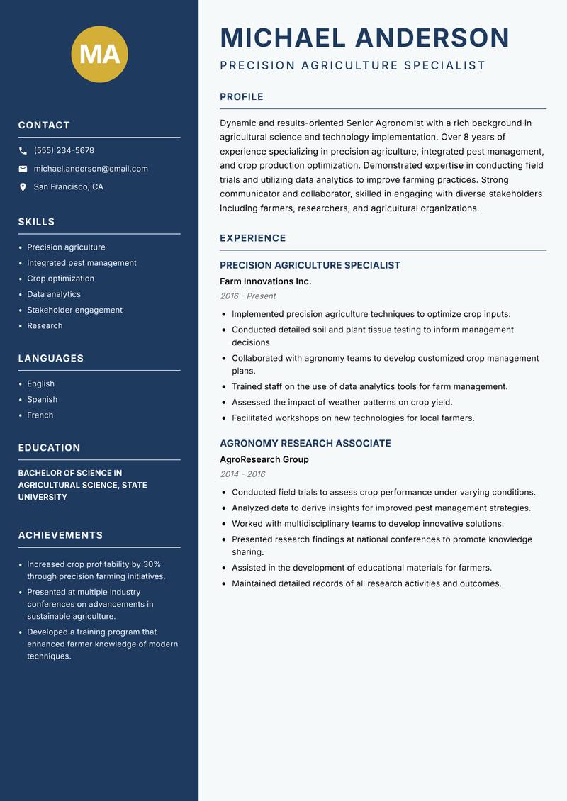 Senior Agronomist Resume Preview Example