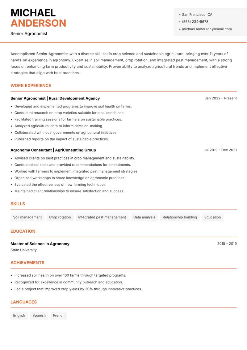 Senior Agronomist Resume Template