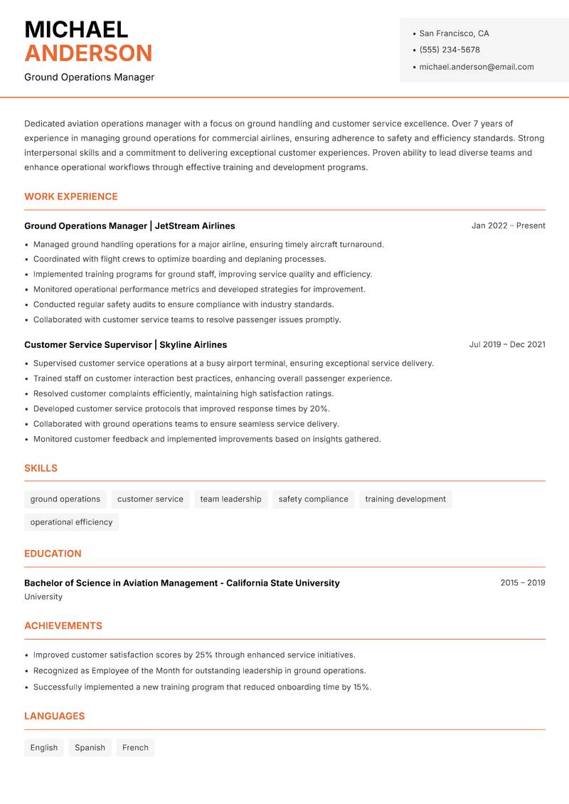 Senior Aviation Manager Resume Template