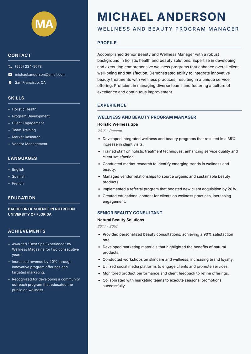 Senior Beauty and Wellness Manager Resume Preview Example