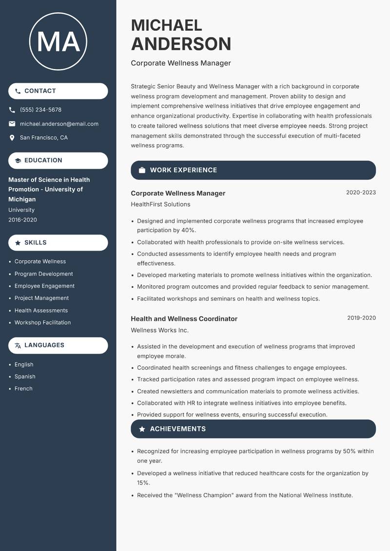 Senior Beauty and Wellness Manager Resume Preview Example