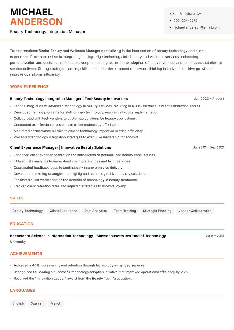 Senior Beauty and Wellness Manager Resume Template
