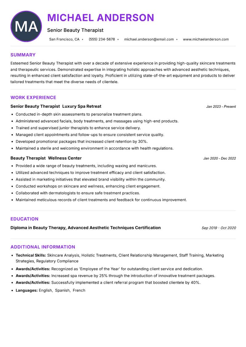 Senior Beauty Therapist Resume Preview Example