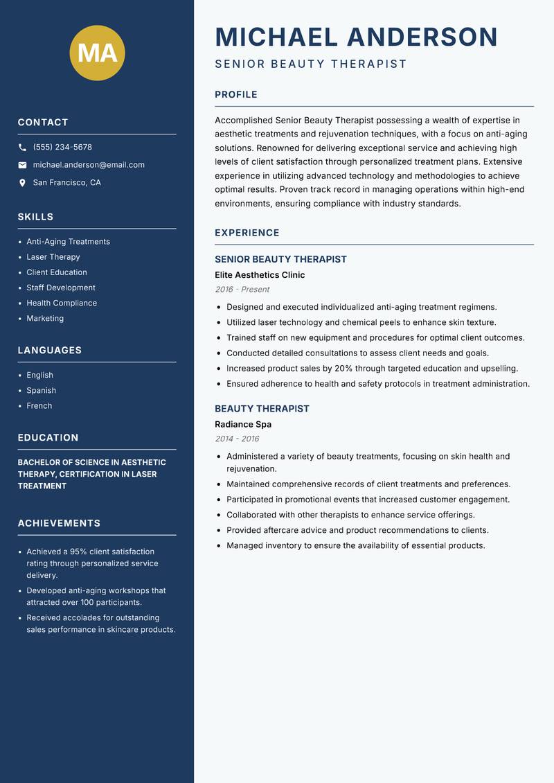 Senior Beauty Therapist Resume Preview Example