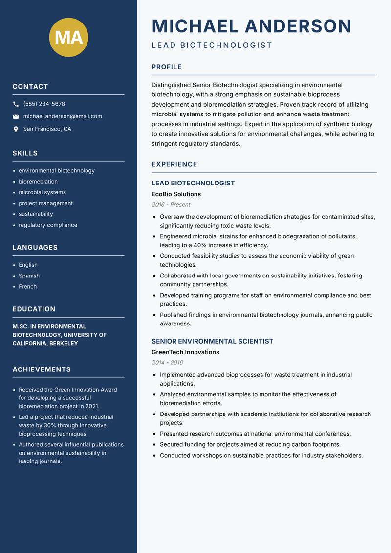 Senior Biotechnologist Resume Preview Example