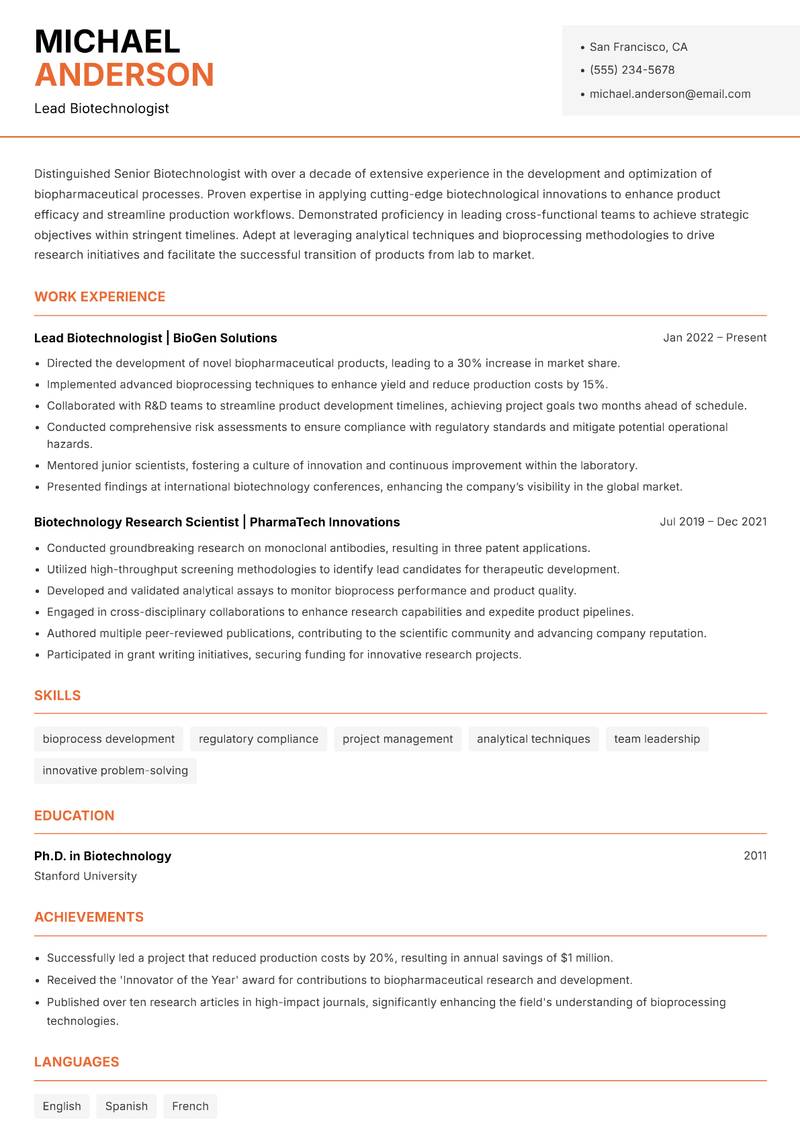 Senior Biotechnologist Resume Template