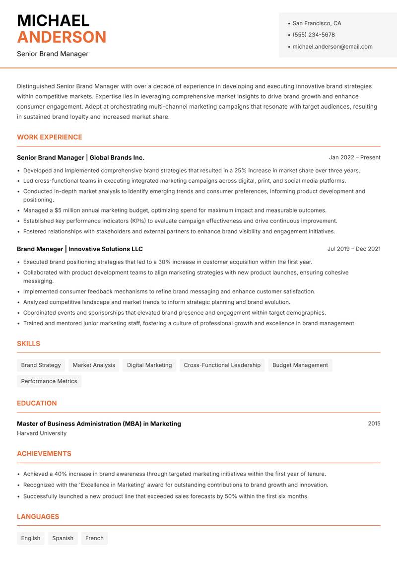 Senior Brand Manager Resume Template