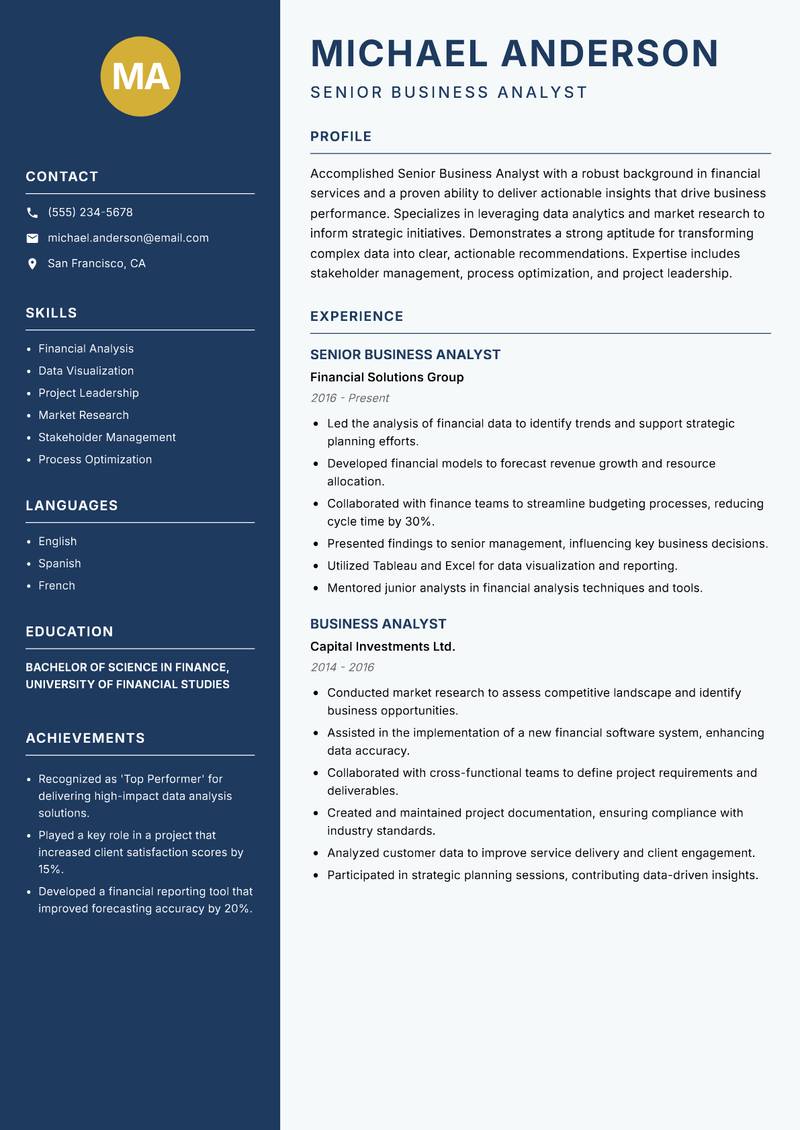 Senior Business Analyst Resume Preview Example