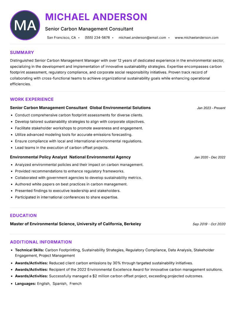 Senior Carbon Management Manager Resume Preview Example