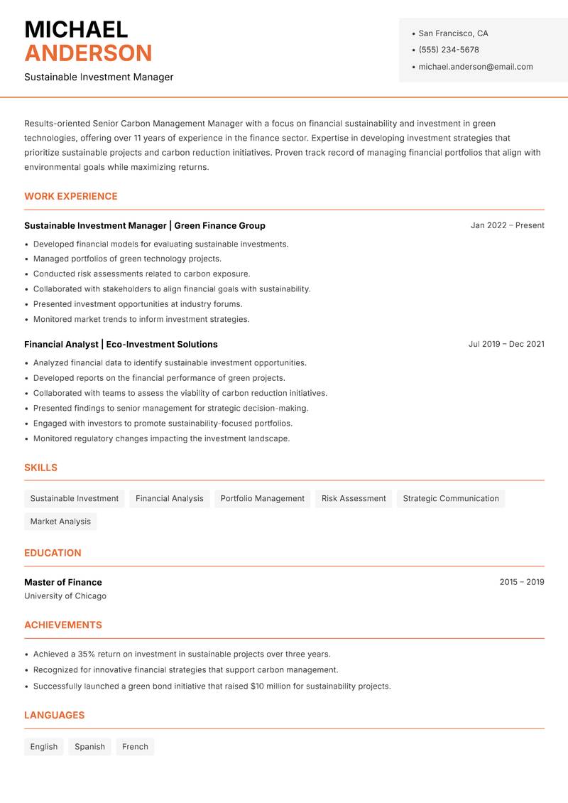 Senior Carbon Management Manager Resume Template