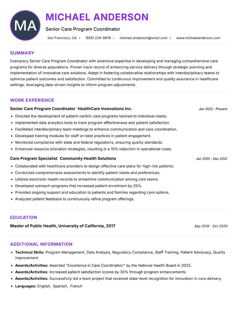 Senior Care Program Coordinator Resume Preview Example