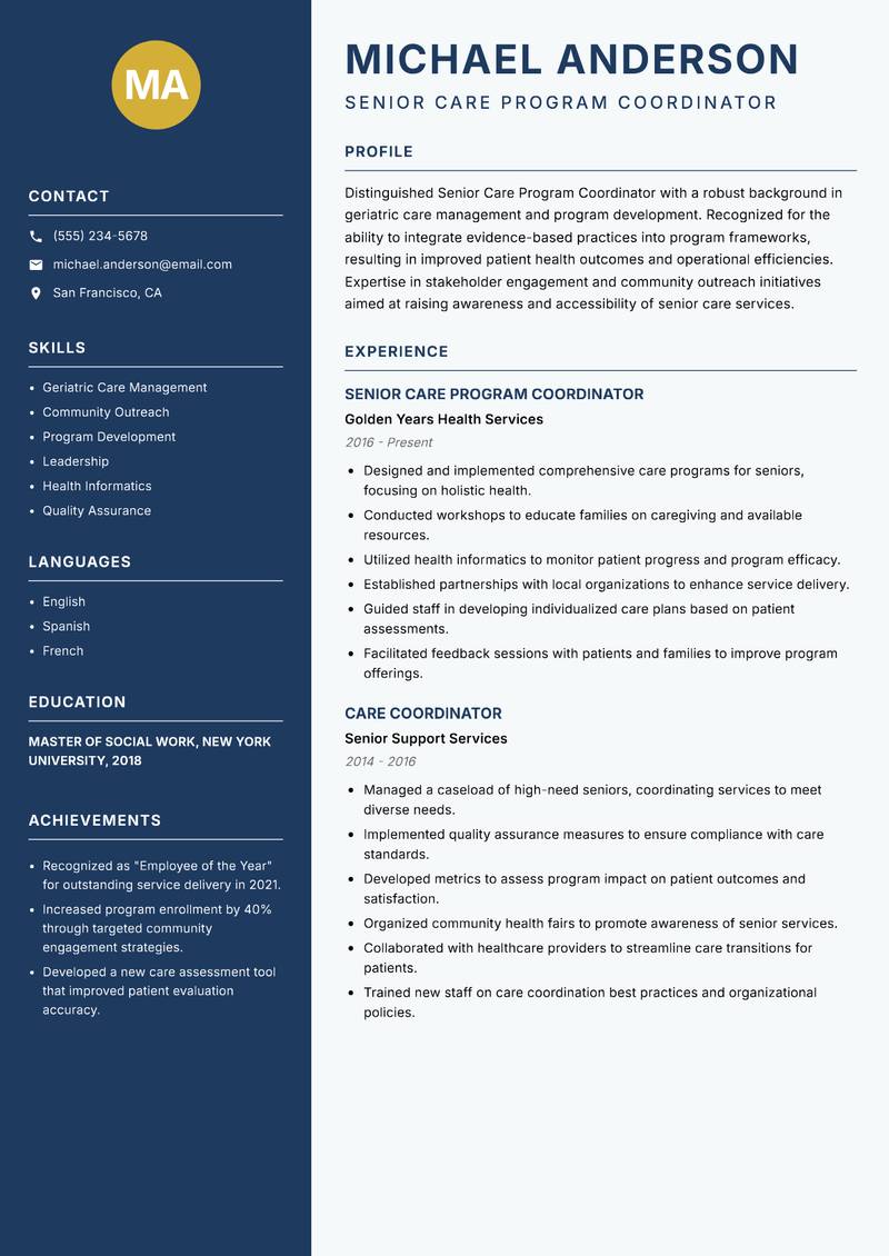 Senior Care Program Coordinator Resume Preview Example