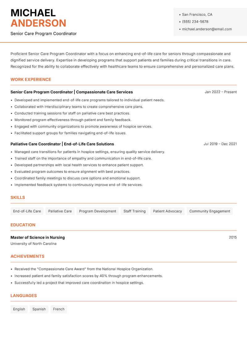 Senior Care Program Coordinator Resume Template