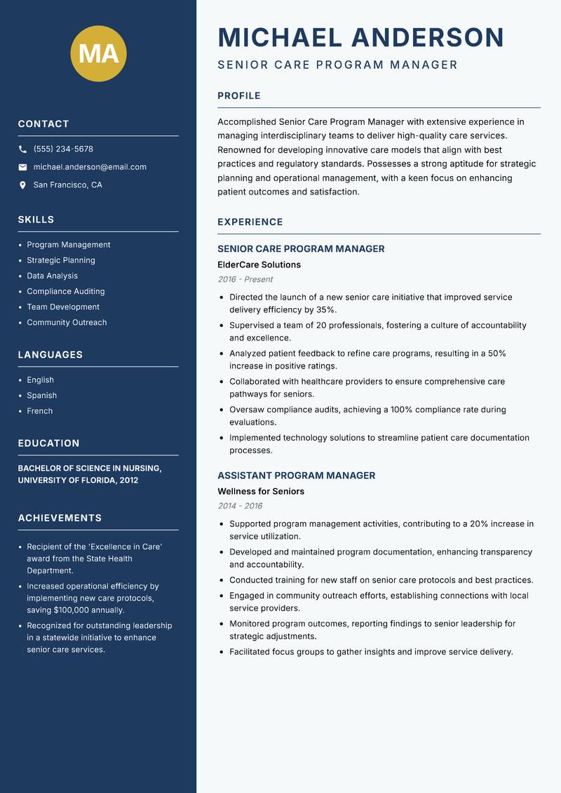 Senior Care Program Manager Resume Preview Example