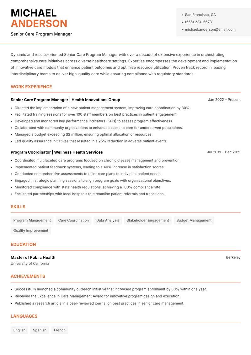 Senior Care Program Manager Resume Template