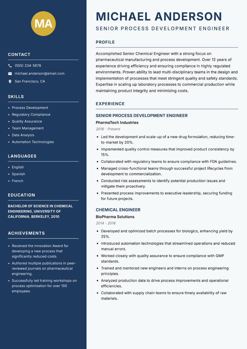 Senior Chemical Engineer Resume Preview Example