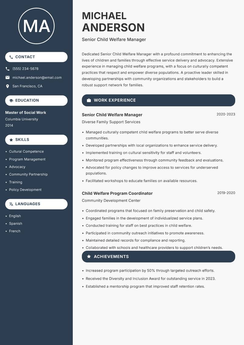 Senior Child Welfare Manager Resume Preview Example
