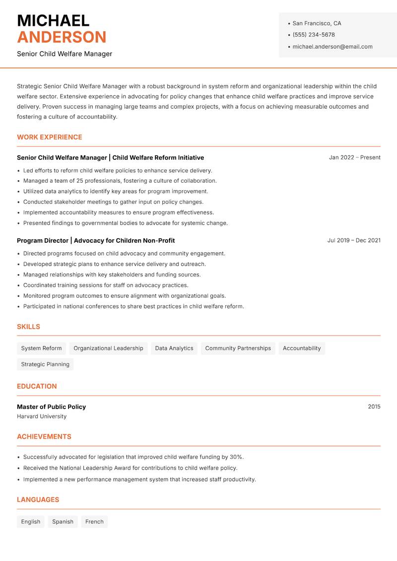 Senior Child Welfare Manager Resume Template
