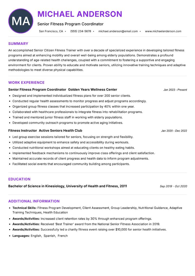 Senior Citizen Fitness Trainer Resume Preview Example