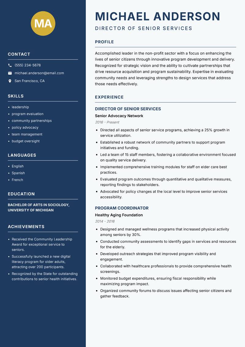 Senior Citizen Program Officer Resume Preview Example